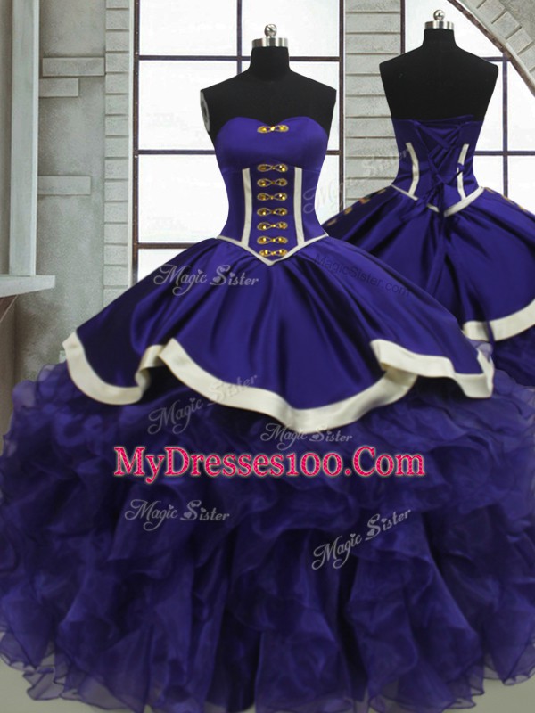 Latest Purple Sleeveless Organza Lace Up Quinceanera Dresses for Military Ball and Sweet 16 and Quinceanera