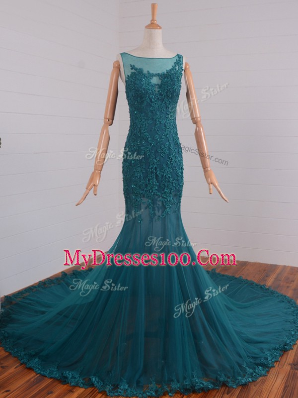 Best Teal Tulle Zipper Prom Evening Gown Sleeveless Court Train Beading and Lace and Appliques