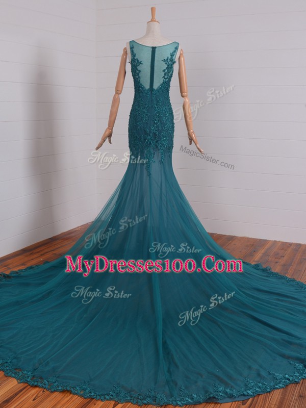 Best Teal Tulle Zipper Prom Evening Gown Sleeveless Court Train Beading and Lace and Appliques