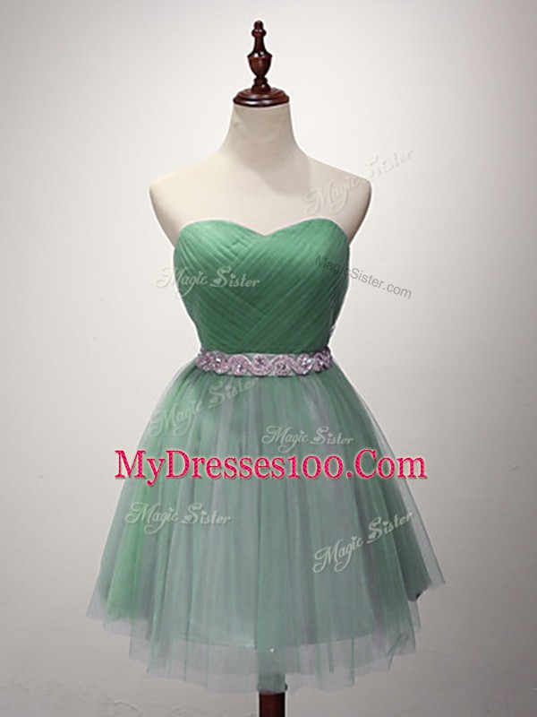 Green A-line Sweetheart Sleeveless Tulle Mini Length Lace Up Beading and Ruching Wedding Guest Dresses