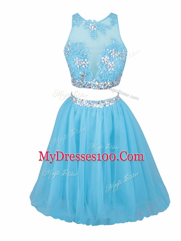 High Class Aqua Blue Sleeveless Mini Length Beading Side Zipper Cocktail Dress