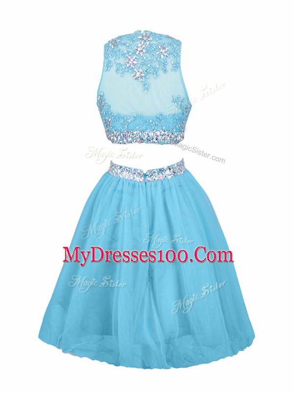 High Class Aqua Blue Sleeveless Mini Length Beading Side Zipper Cocktail Dress