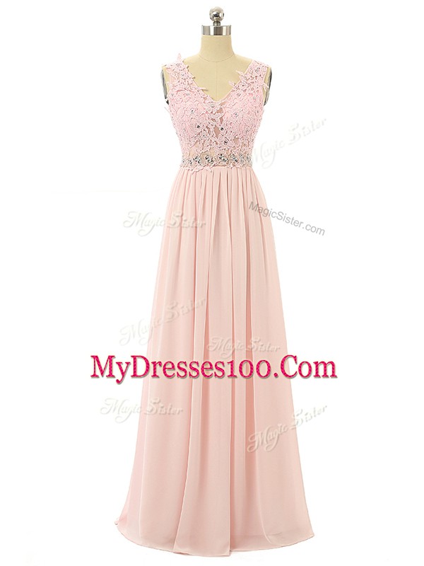 Pink Chiffon Zipper V-neck Sleeveless Floor Length Prom Dresses Beading and Appliques