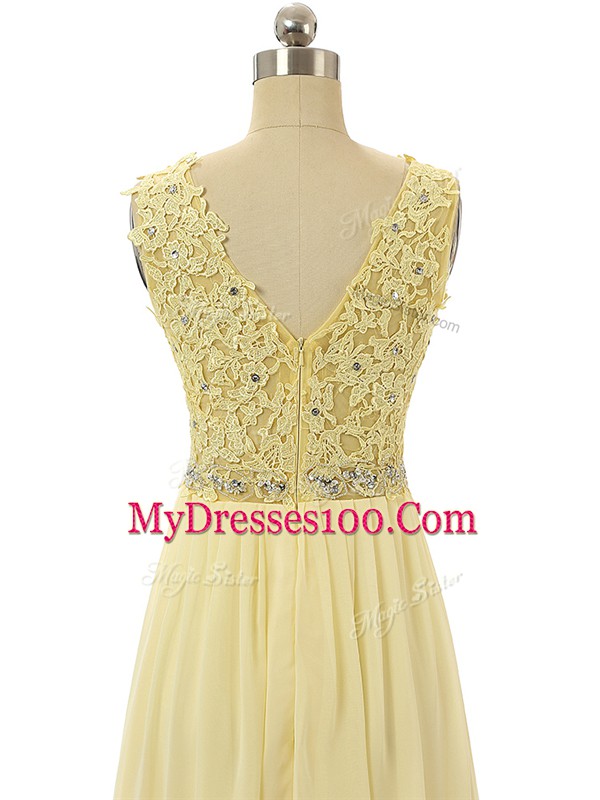 Pink Chiffon Zipper V-neck Sleeveless Floor Length Prom Dresses Beading and Appliques