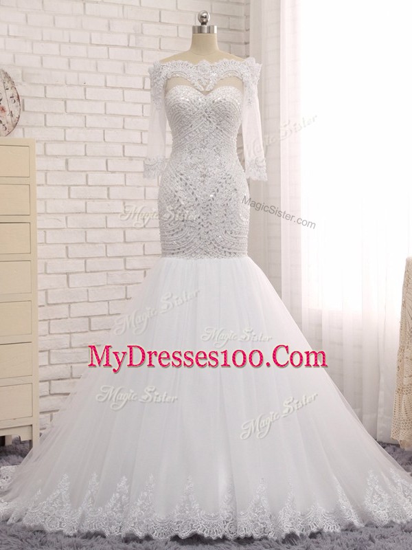 Off The Shoulder Sleeveless Tulle Wedding Dress Beading and Lace Zipper