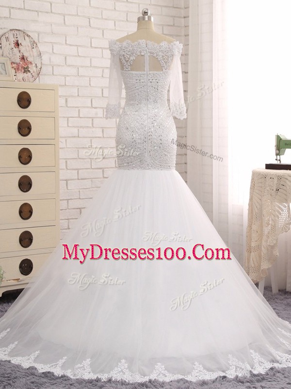 Off The Shoulder Sleeveless Tulle Wedding Dress Beading and Lace Zipper