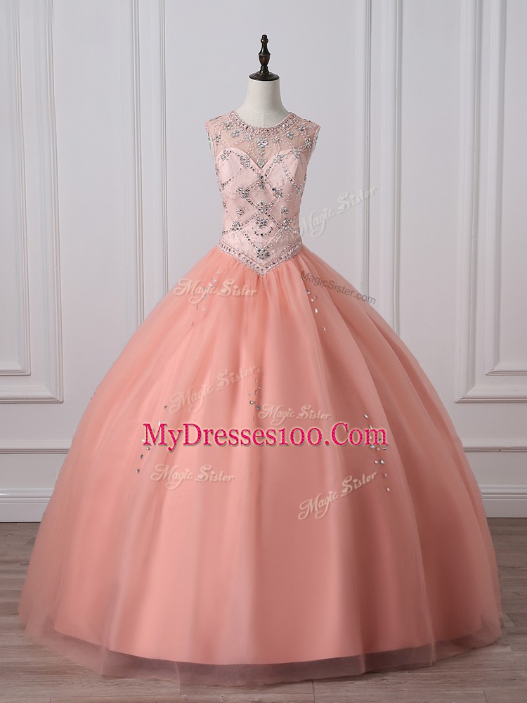 Tulle Sleeveless Floor Length Quinceanera Dress and Beading