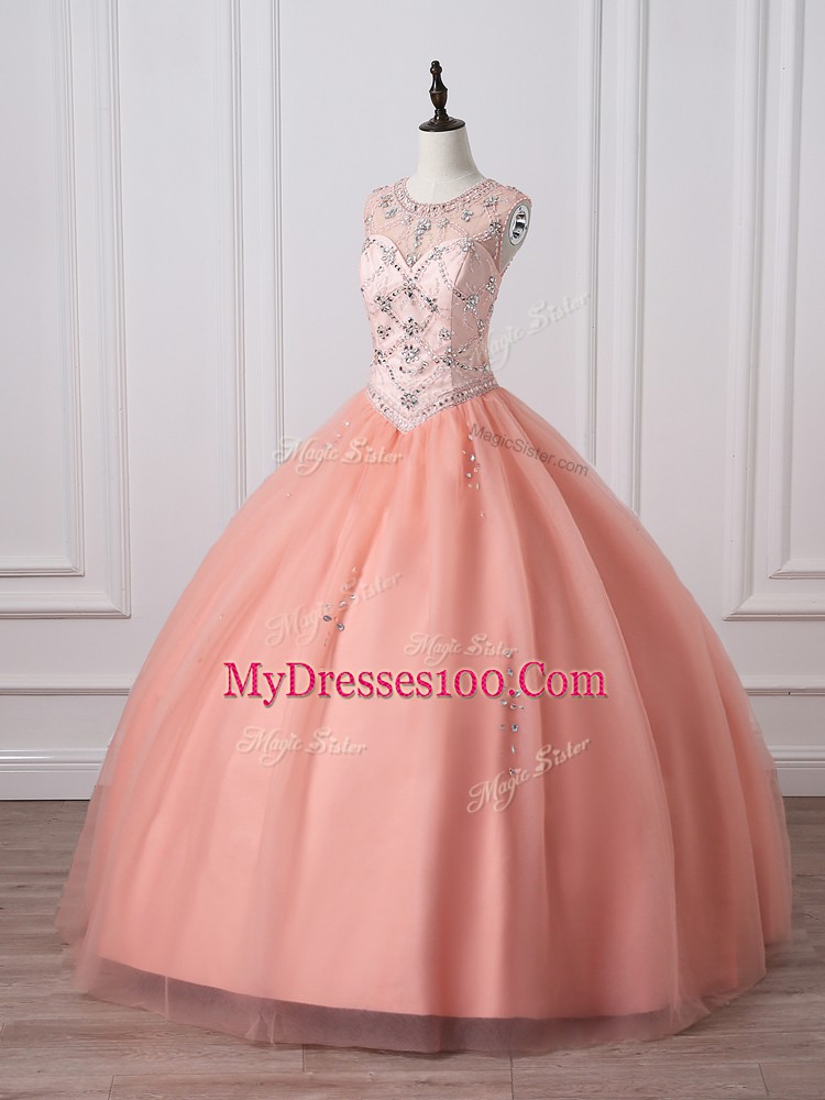 Tulle Sleeveless Floor Length Quinceanera Dress and Beading