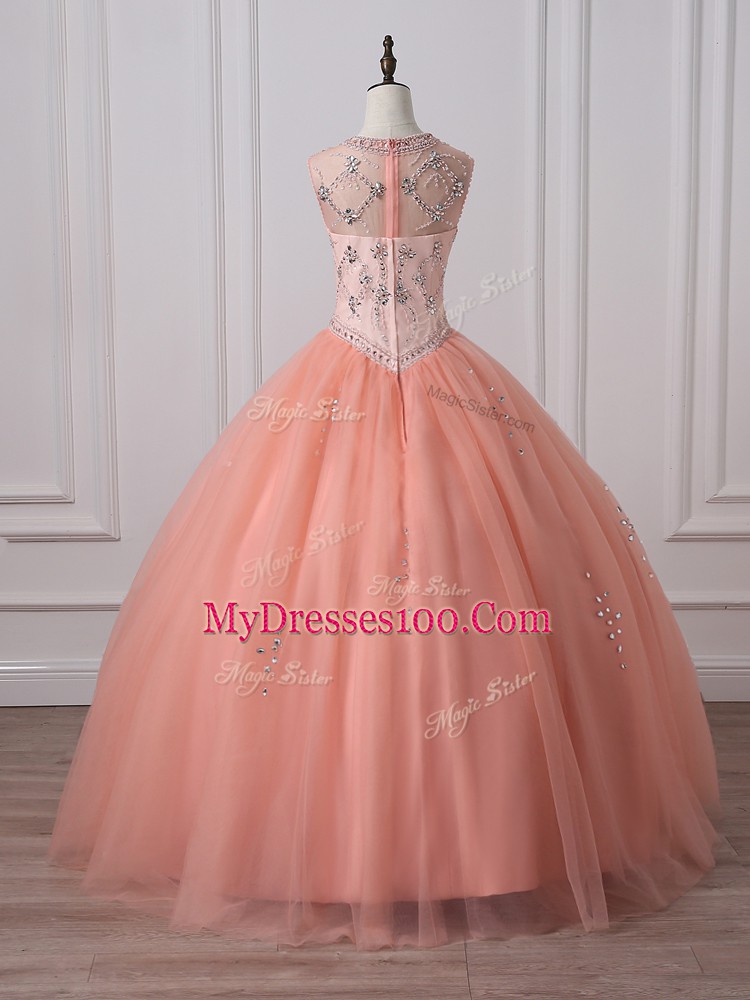Tulle Sleeveless Floor Length Quinceanera Dress and Beading