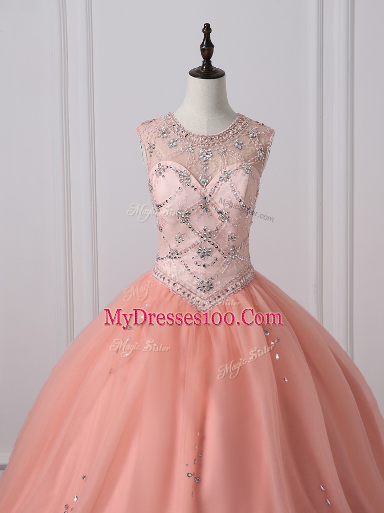 Tulle Sleeveless Floor Length Quinceanera Dress and Beading