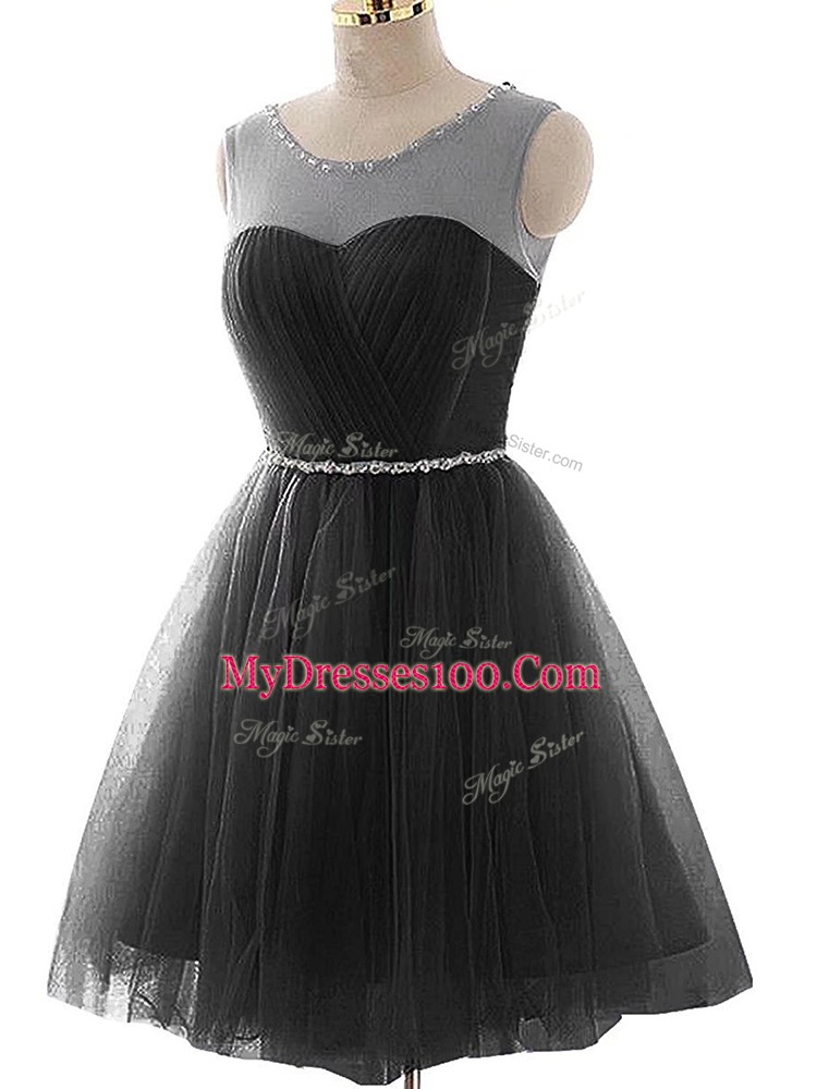 New Arrival Black A-line Tulle Scoop Sleeveless Beading and Ruching Mini Length Lace Up