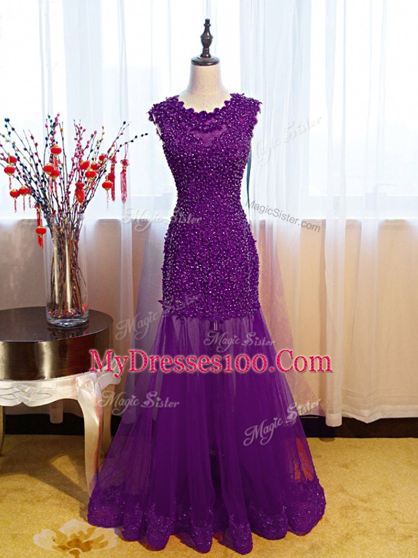 Stylish Tulle Scoop Sleeveless Side Zipper Beading and Lace and Appliques Prom Gown in Eggplant Purple