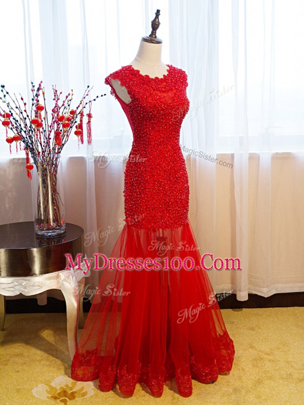 Stylish Tulle Scoop Sleeveless Side Zipper Beading and Lace and Appliques Prom Gown in Eggplant Purple