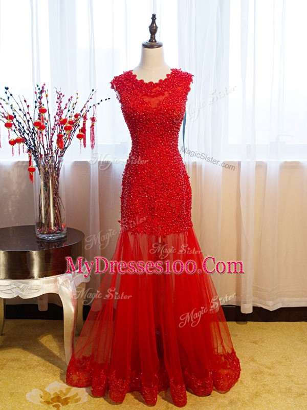 Stylish Tulle Scoop Sleeveless Side Zipper Beading and Lace and Appliques Prom Gown in Eggplant Purple