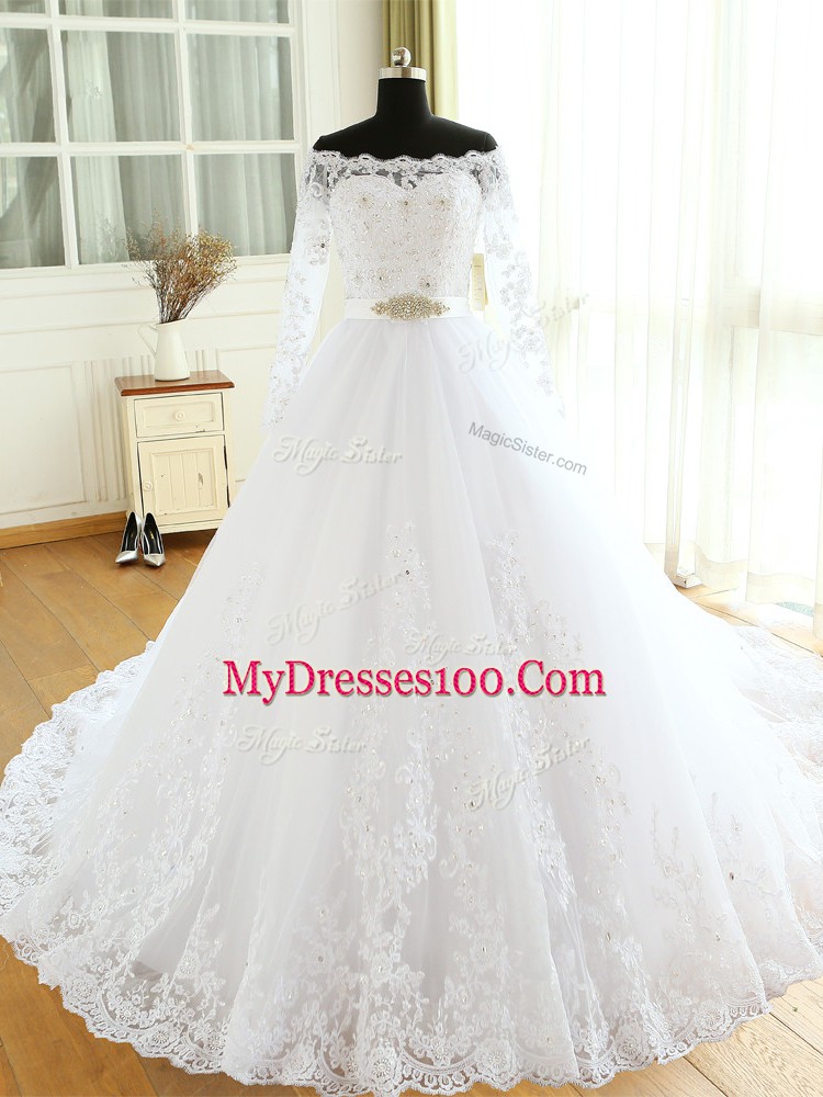 White Wedding Dresses Beach and Wedding Party with Beading and Lace and Appliques Scalloped Long Sleeves Court Train Zipper