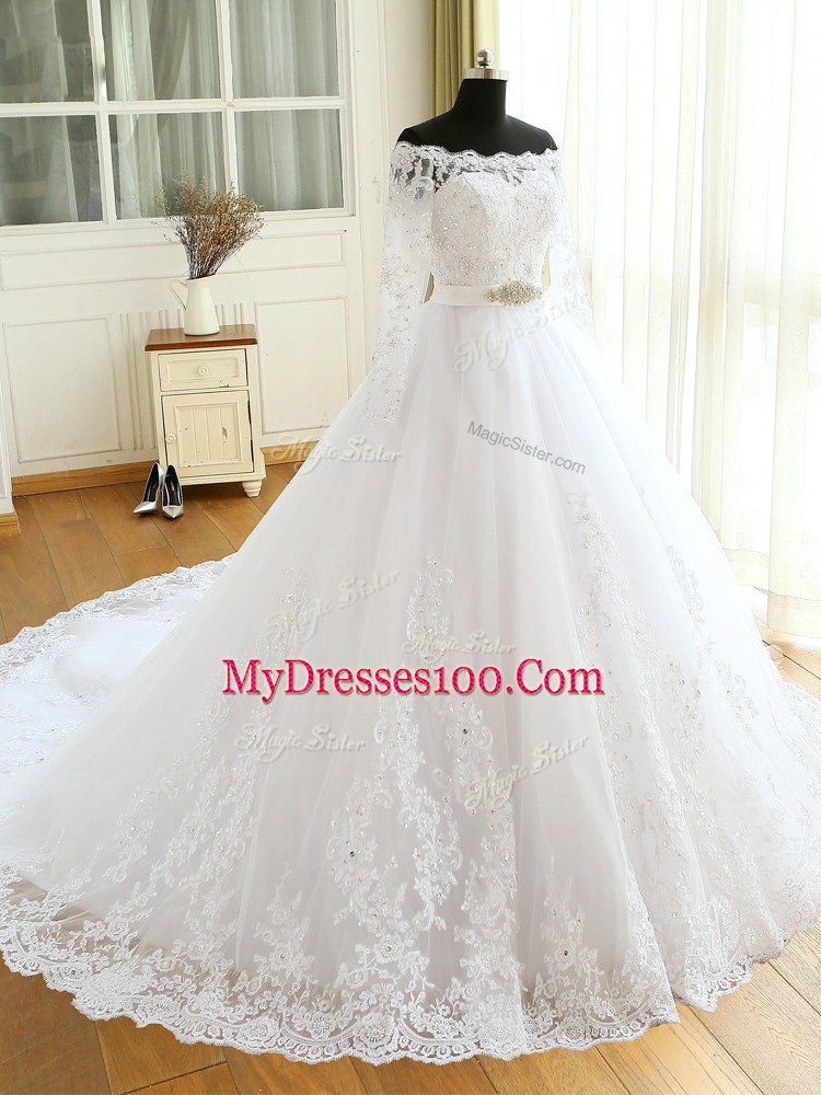 White Wedding Dresses Beach and Wedding Party with Beading and Lace and Appliques Scalloped Long Sleeves Court Train Zipper