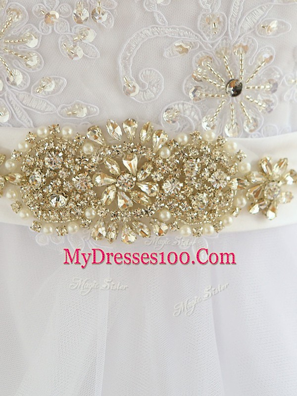 White Wedding Dresses Beach and Wedding Party with Beading and Lace and Appliques Scalloped Long Sleeves Court Train Zipper
