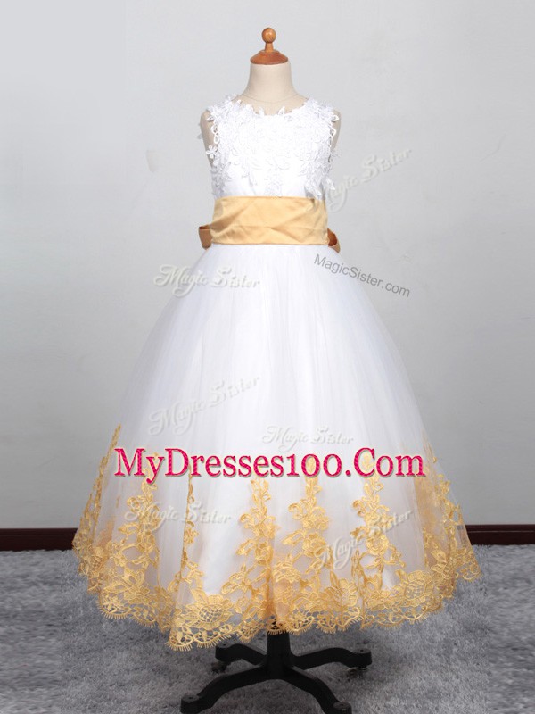 Noble Scoop Sleeveless Toddler Flower Girl Dress Floor Length Appliques White Tulle