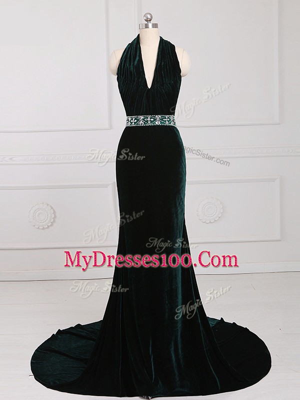 Extravagant Dark Green Elastic Woven Satin Zipper Halter Top Sleeveless Prom Party Dress Brush Train Beading