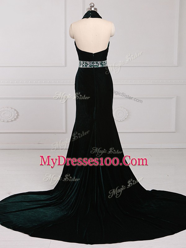 Extravagant Dark Green Elastic Woven Satin Zipper Halter Top Sleeveless Prom Party Dress Brush Train Beading
