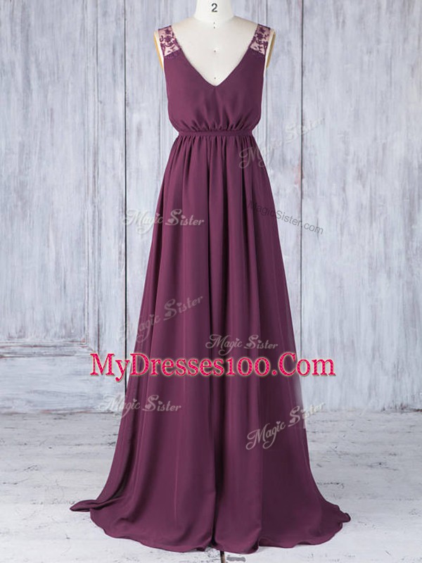 Beautiful V-neck Sleeveless Backless Dama Dress Burgundy Chiffon