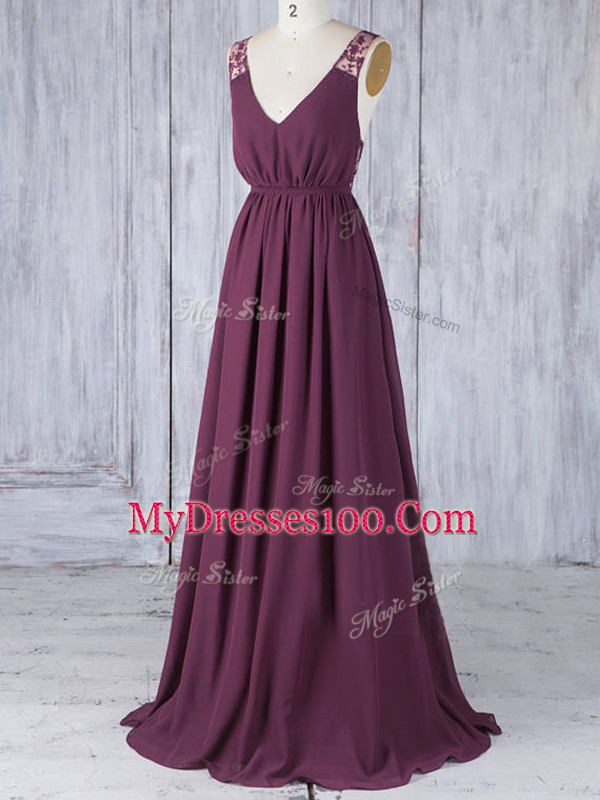 Beautiful V-neck Sleeveless Backless Dama Dress Burgundy Chiffon