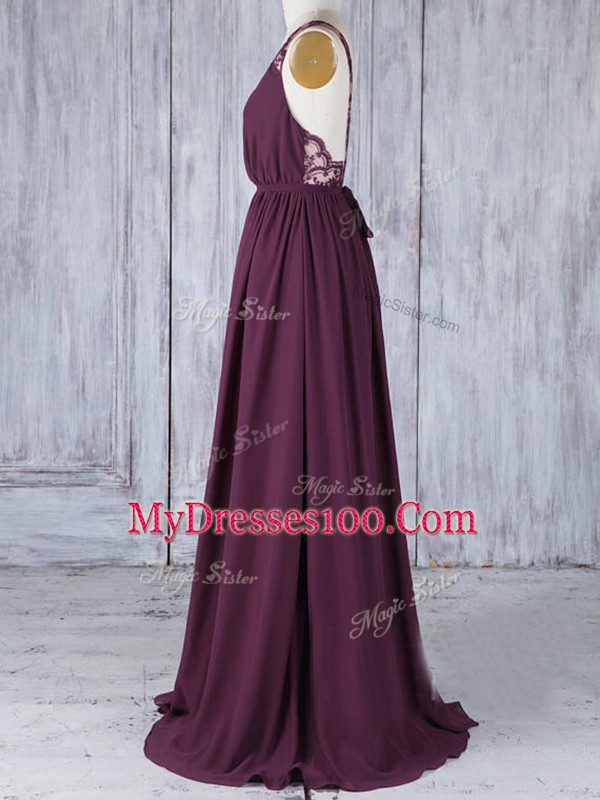 Beautiful V-neck Sleeveless Backless Dama Dress Burgundy Chiffon