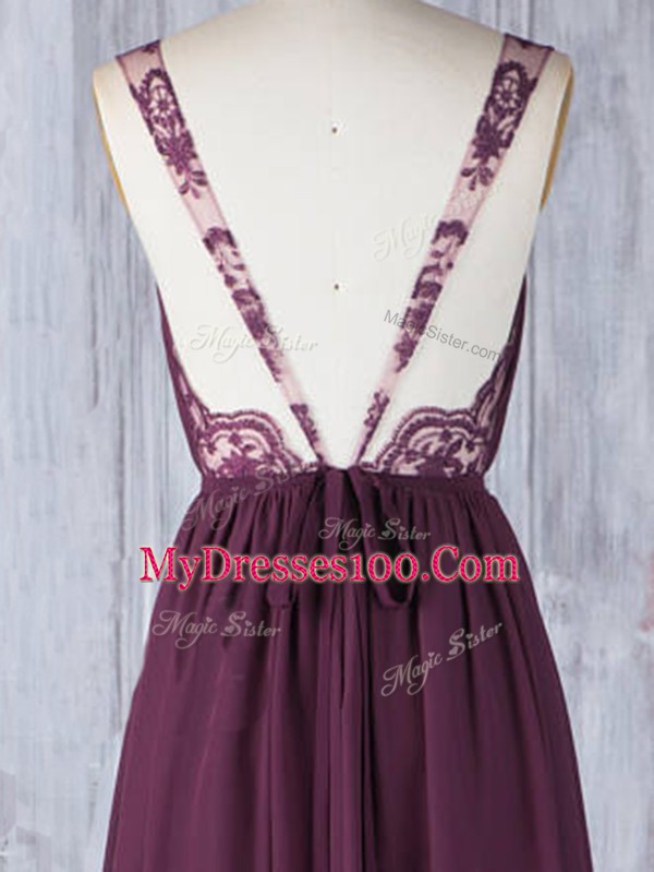 Beautiful V-neck Sleeveless Backless Dama Dress Burgundy Chiffon