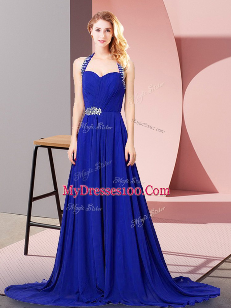 Royal Blue Chiffon Zipper Halter Top Sleeveless Homecoming Dress Beading and Ruching