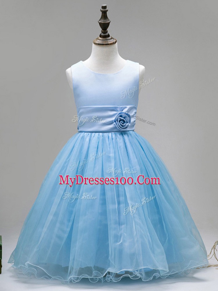 Best Scoop Sleeveless Zipper Little Girls Pageant Dress Wholesale Baby Blue Tulle