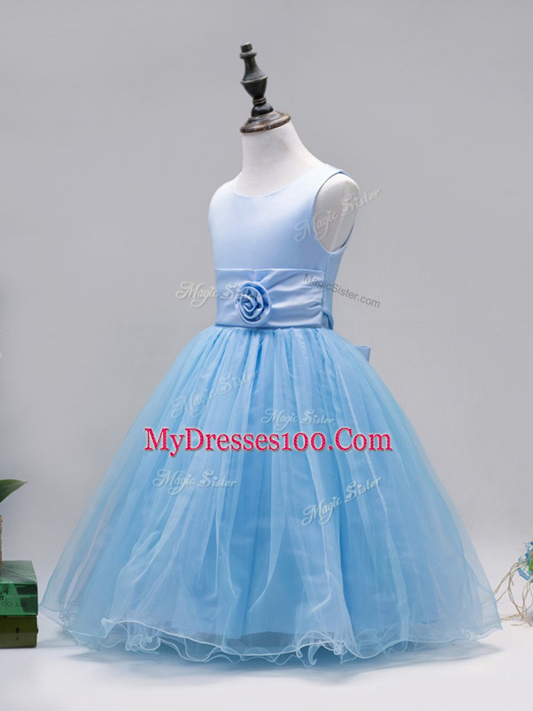 Best Scoop Sleeveless Zipper Little Girls Pageant Dress Wholesale Baby Blue Tulle