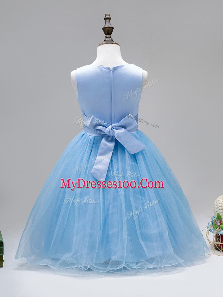 Best Scoop Sleeveless Zipper Little Girls Pageant Dress Wholesale Baby Blue Tulle