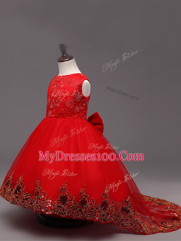 Red Zipper Scoop Lace and Bowknot Girls Pageant Dresses Tulle Sleeveless