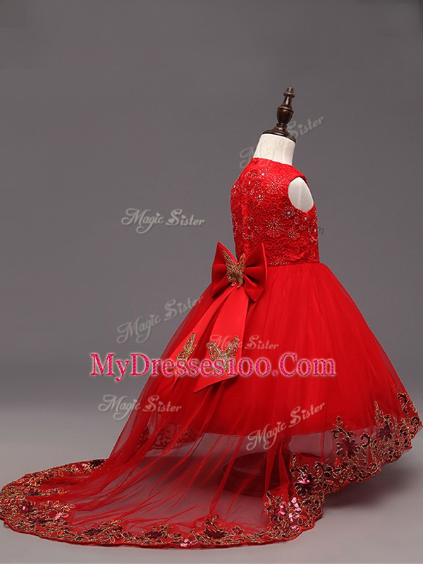 Red Zipper Scoop Lace and Bowknot Girls Pageant Dresses Tulle Sleeveless