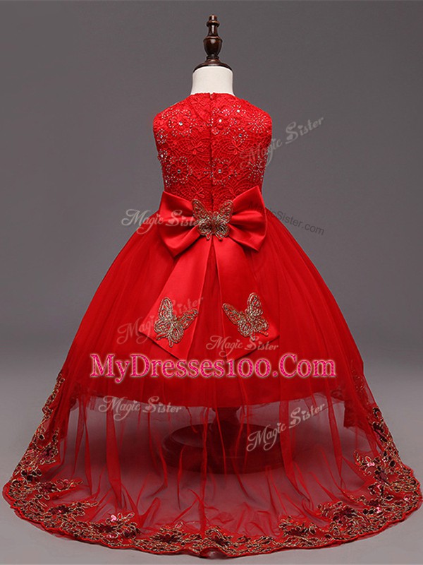 Red Zipper Scoop Lace and Bowknot Girls Pageant Dresses Tulle Sleeveless