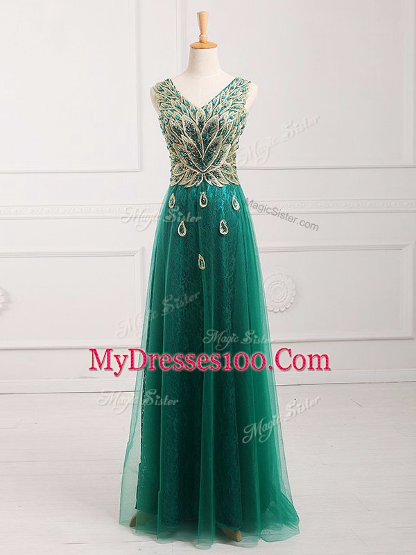 Hot Sale Dark Green Tulle Zipper V-neck Sleeveless Floor Length Prom Dresses Lace