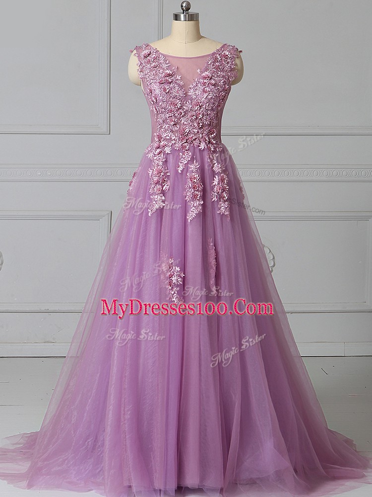Super Brush Train Empire Homecoming Dress Lilac Scoop Tulle Sleeveless Lace Up