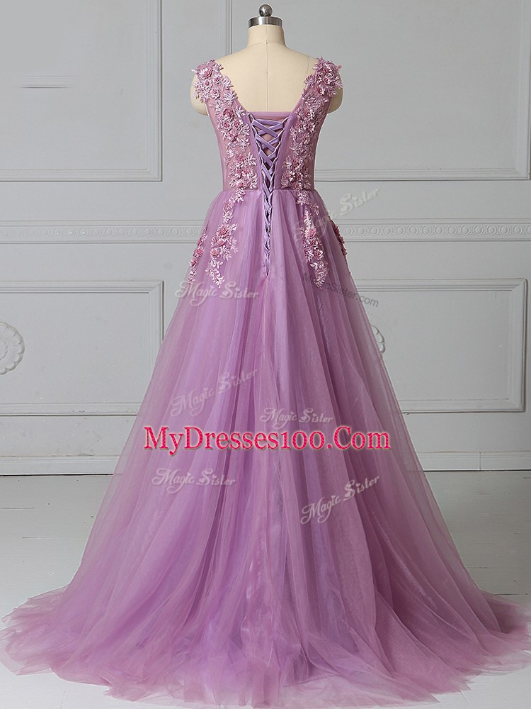 Super Brush Train Empire Homecoming Dress Lilac Scoop Tulle Sleeveless Lace Up