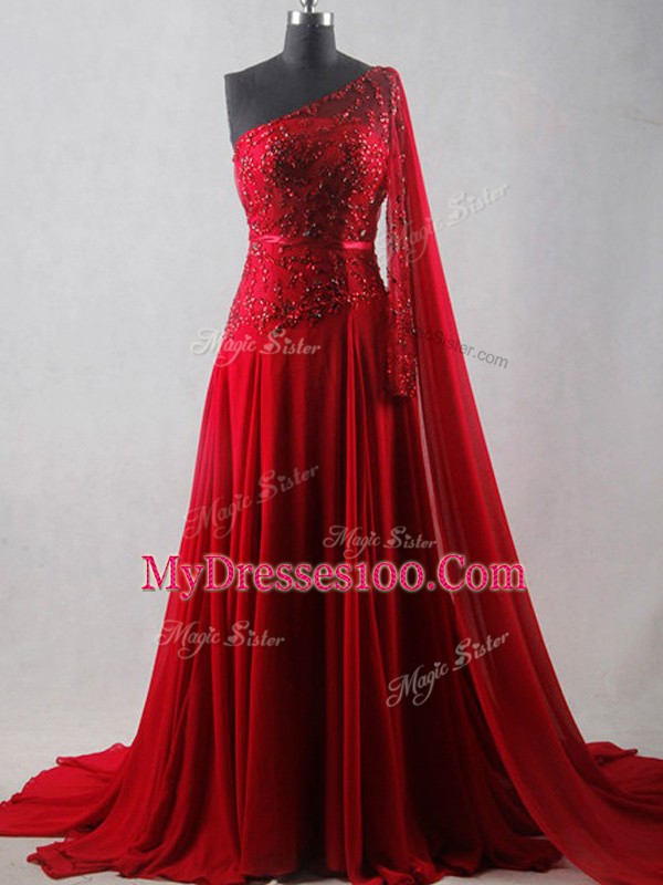 Great Chiffon One Shoulder Sleeveless Court Train Zipper Beading and Belt in Wine Red