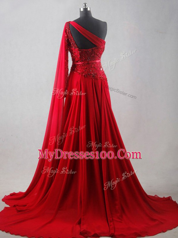 Great Chiffon One Shoulder Sleeveless Court Train Zipper Beading and Belt in Wine Red