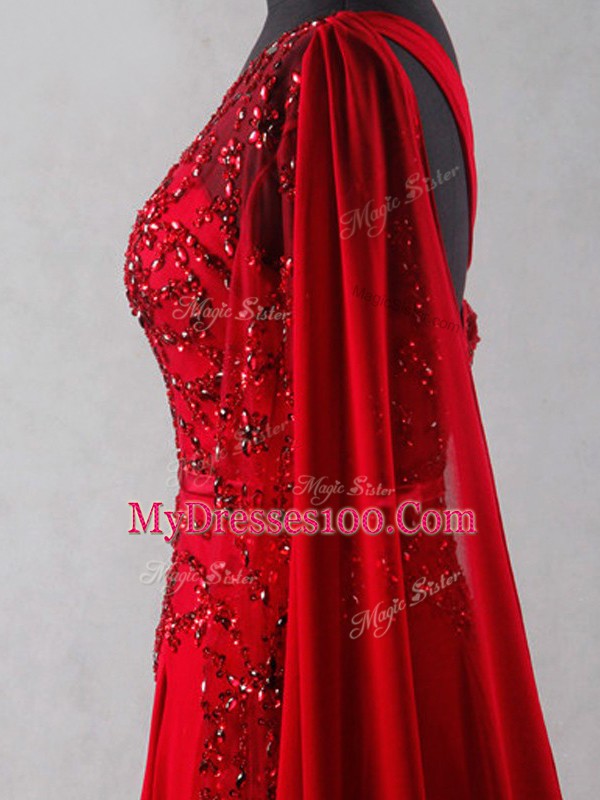 Great Chiffon One Shoulder Sleeveless Court Train Zipper Beading and Belt in Wine Red
