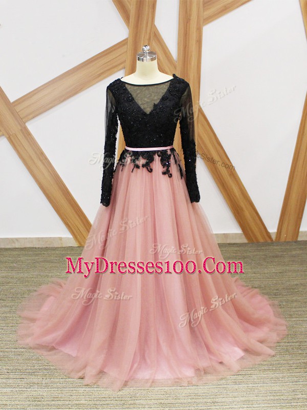Lace and Appliques and Sashes ribbons Evening Dress Pink And Black Zipper Long Sleeves Brush Train