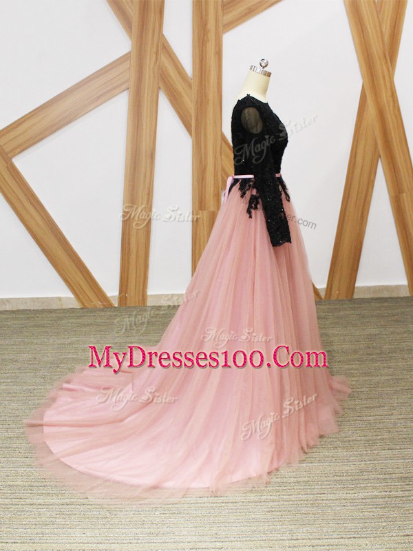Lace and Appliques and Sashes ribbons Evening Dress Pink And Black Zipper Long Sleeves Brush Train