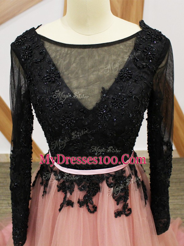 Lace and Appliques and Sashes ribbons Evening Dress Pink And Black Zipper Long Sleeves Brush Train