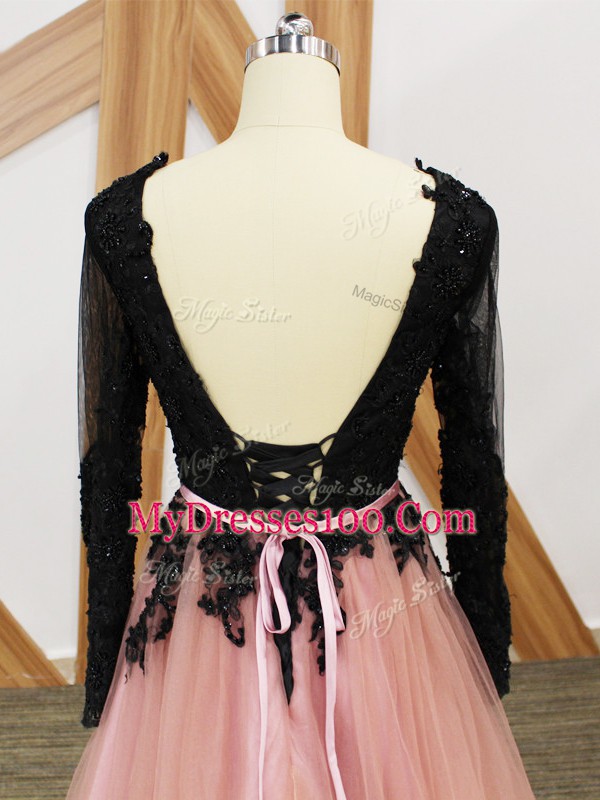 Lace and Appliques and Sashes ribbons Evening Dress Pink And Black Zipper Long Sleeves Brush Train