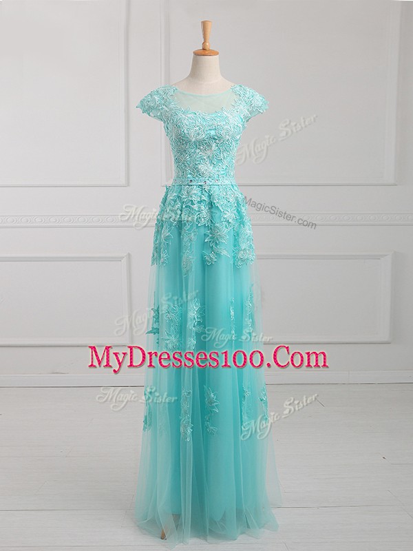 Admirable Aqua Blue Short Sleeves Beading and Lace and Appliques Floor Length Mother Of The Bride Dress