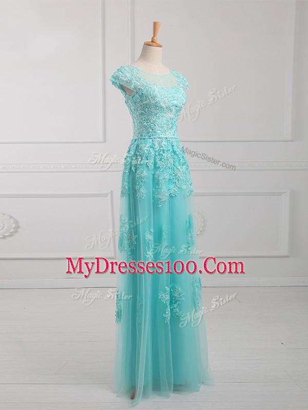 Admirable Aqua Blue Short Sleeves Beading and Lace and Appliques Floor Length Mother Of The Bride Dress