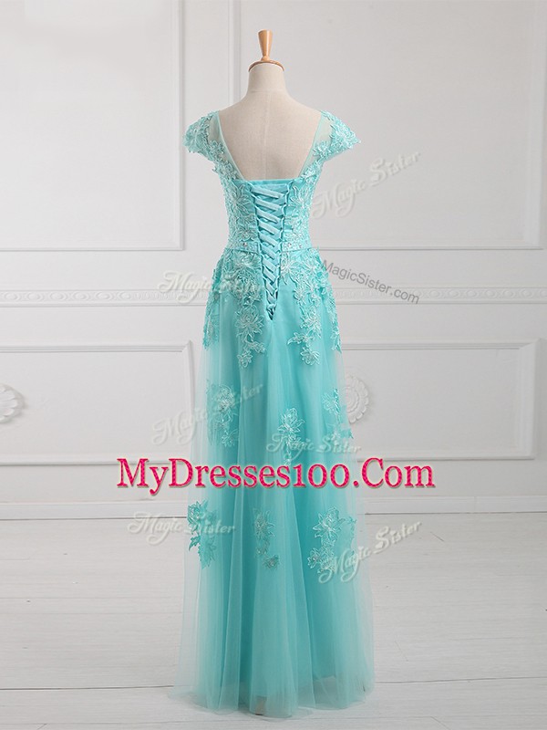 Admirable Aqua Blue Short Sleeves Beading and Lace and Appliques Floor Length Mother Of The Bride Dress