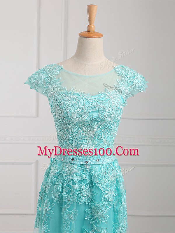 Admirable Aqua Blue Short Sleeves Beading and Lace and Appliques Floor Length Mother Of The Bride Dress