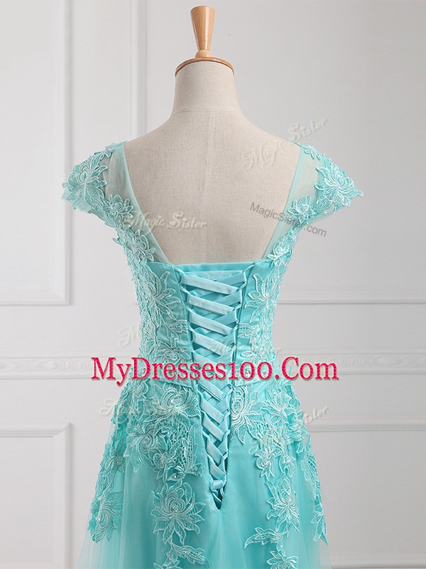 Admirable Aqua Blue Short Sleeves Beading and Lace and Appliques Floor Length Mother Of The Bride Dress
